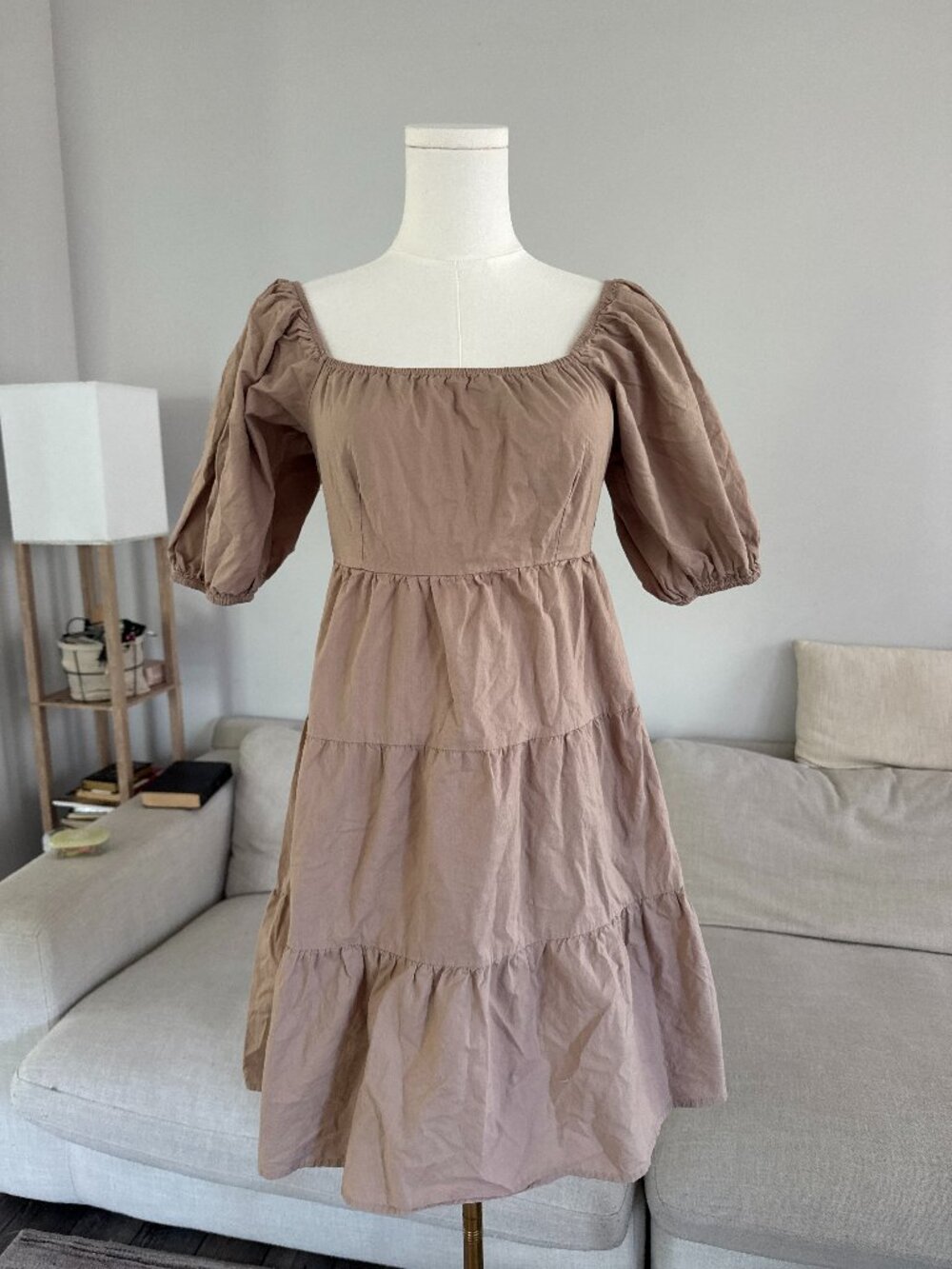 Sage & Salt Taupe Puff Sleeve Tiered Dress Cottagecore Dress